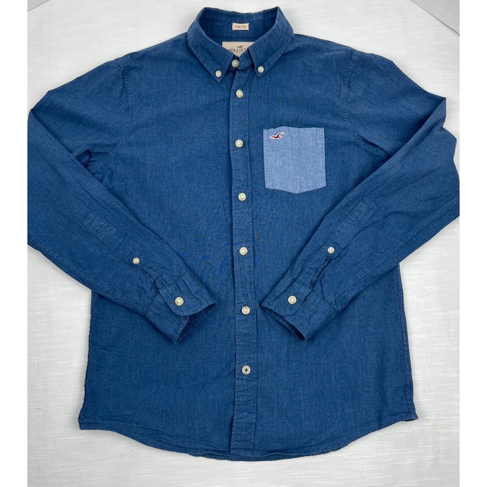 Hollister Mens Small Blue Long Sleeve Stretch Button Down Shirt Contrast Pocket
